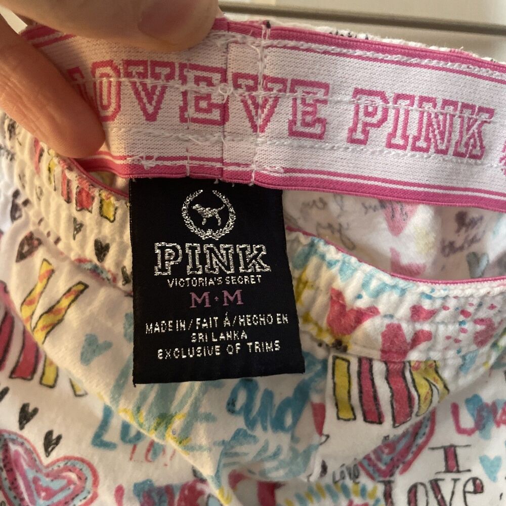 VTG Victoria's Secret PINK Doodle Graffiti Pajama Pants Lounge Y2K White Pink M - Picture 2 of 6